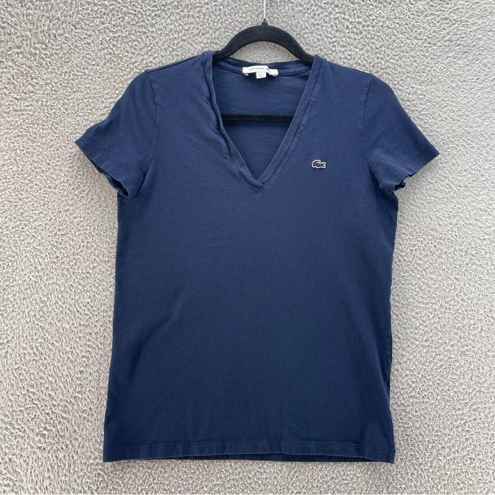 Lacoste T-shirt Women 40 Navy Blue Small Blue Crocodile V-Neck Made In Peru